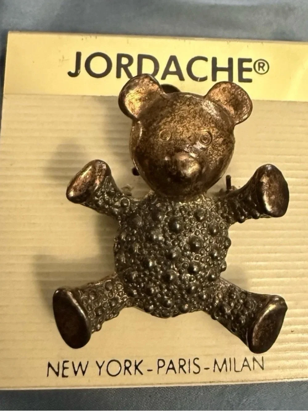 Vintage NOS Jordache Teddy Bear Brooch Pin, 1980s textured Gold-Tone new on card
